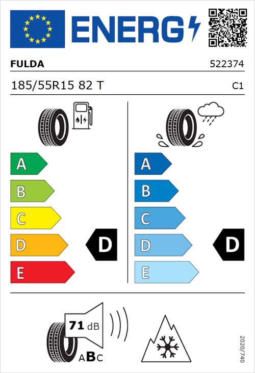 Tyre Label for Fulda Kristall Montero 3 185/55R15 82T