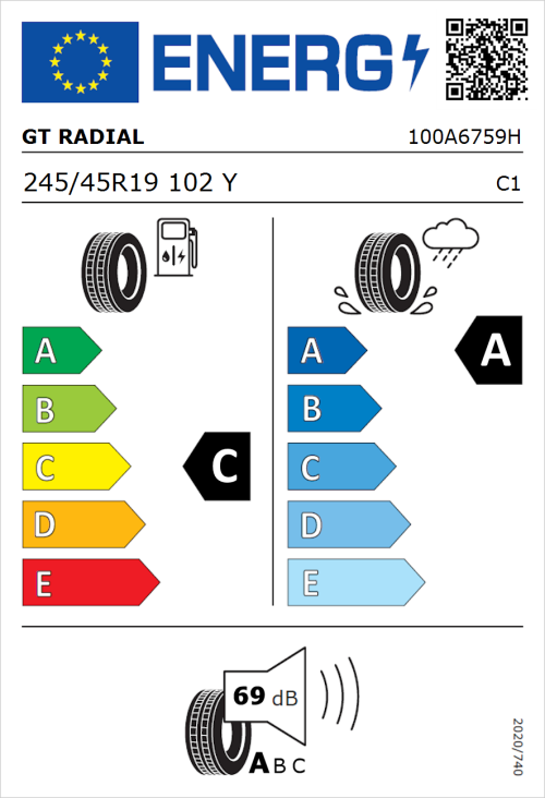 Tyre Label for GT Radial SportActive 2 Evo 245/45R19 102Y